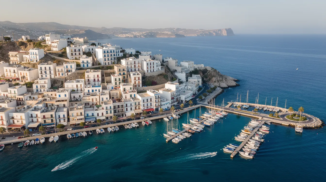 An aerial view captures a picturesque coastal Mediterranean town, characterized by its white buildings nestled against the vibrant blue sea, with small boats gently bobbing in the harbor. This beautiful destination offers a glimpse into the life of those living abroad, exploring new cultures and enjoying the adventure of working in different countries.