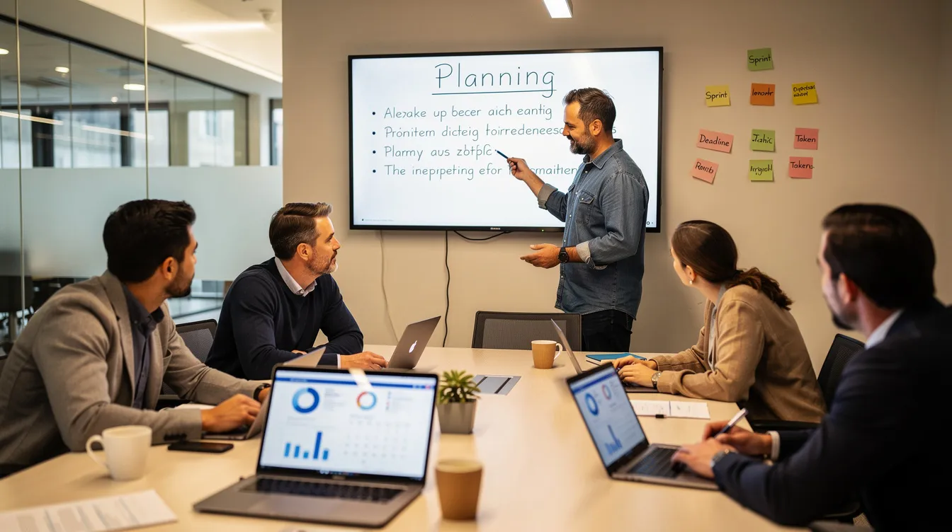 Een team bespreekt de planning in een kantoorruimte, waarbij ze aandacht besteden aan de wettelijke en bovenwettelijke vakantiedagen van werknemers. Het gesprek omvat ook hoe vakantiedagen kunnen worden opgespaard en de regels rondom het bovenwettelijk verlof.