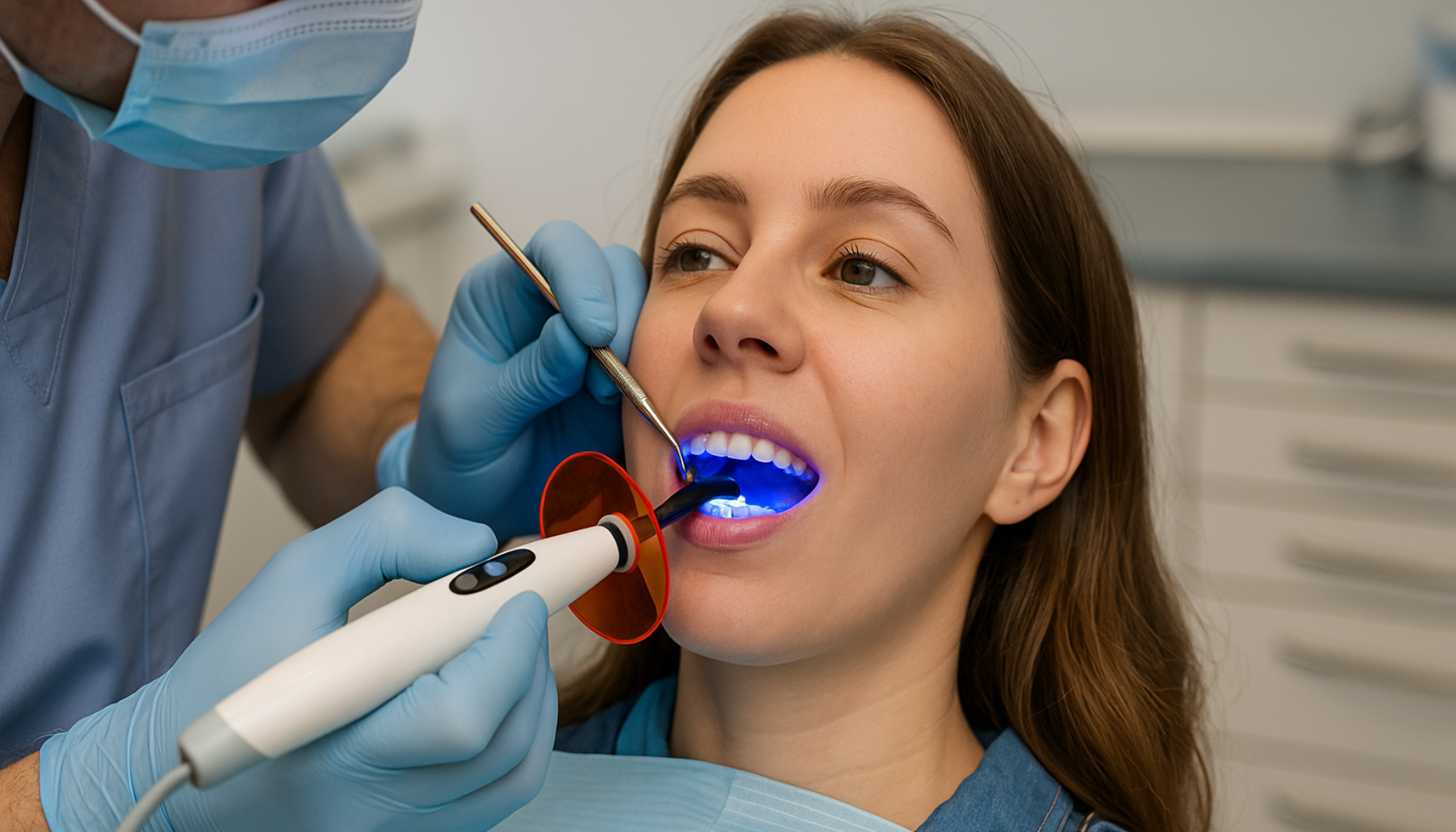 Tannlege utfører komposittbehandling med blått lys på pasient i moderne klinikk, fokus på presisjon og naturlig resultat.