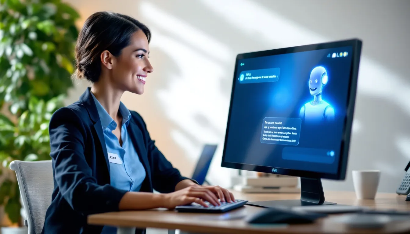 A customer service representative is engaged in a conversation with an AI chatbot interface, showcasing a seamless flow of natural language processing and human-like responses. This image illustrates the collaboration between human agents and AI technology to enhance customer interactions and improve the overall customer experience.