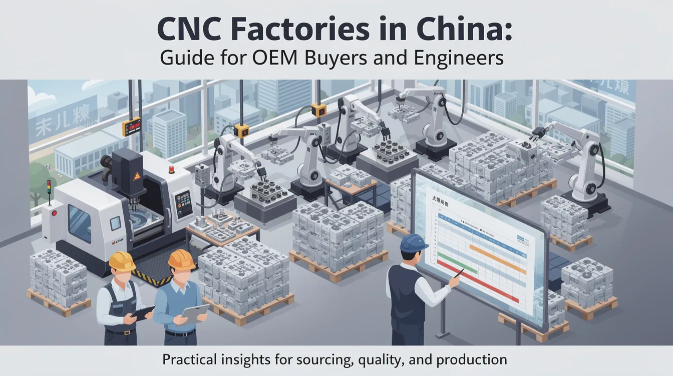 The image depicts a modern CNC factory in China, showcasing advanced machinery such as drilling and milling machines used for producing precision components. The work area is organized for efficiency, emphasizing strict quality control and automation to meet the demands of various industries, including automotive and medical sectors.