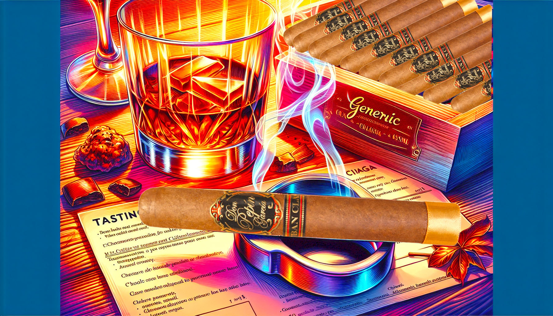 An illustration of a cigar tasting session featuring the Don Pepin Garcia Cuban Classic 1950.