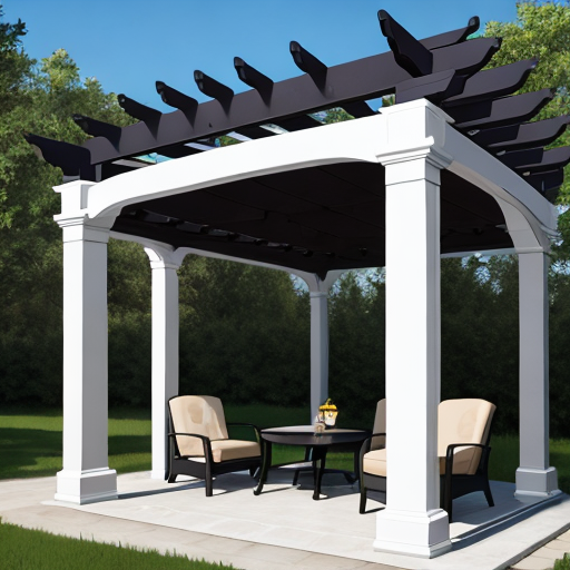 a non-traditional pergola mockup that is a miz of an aluminum base and a wooden-lattice top.