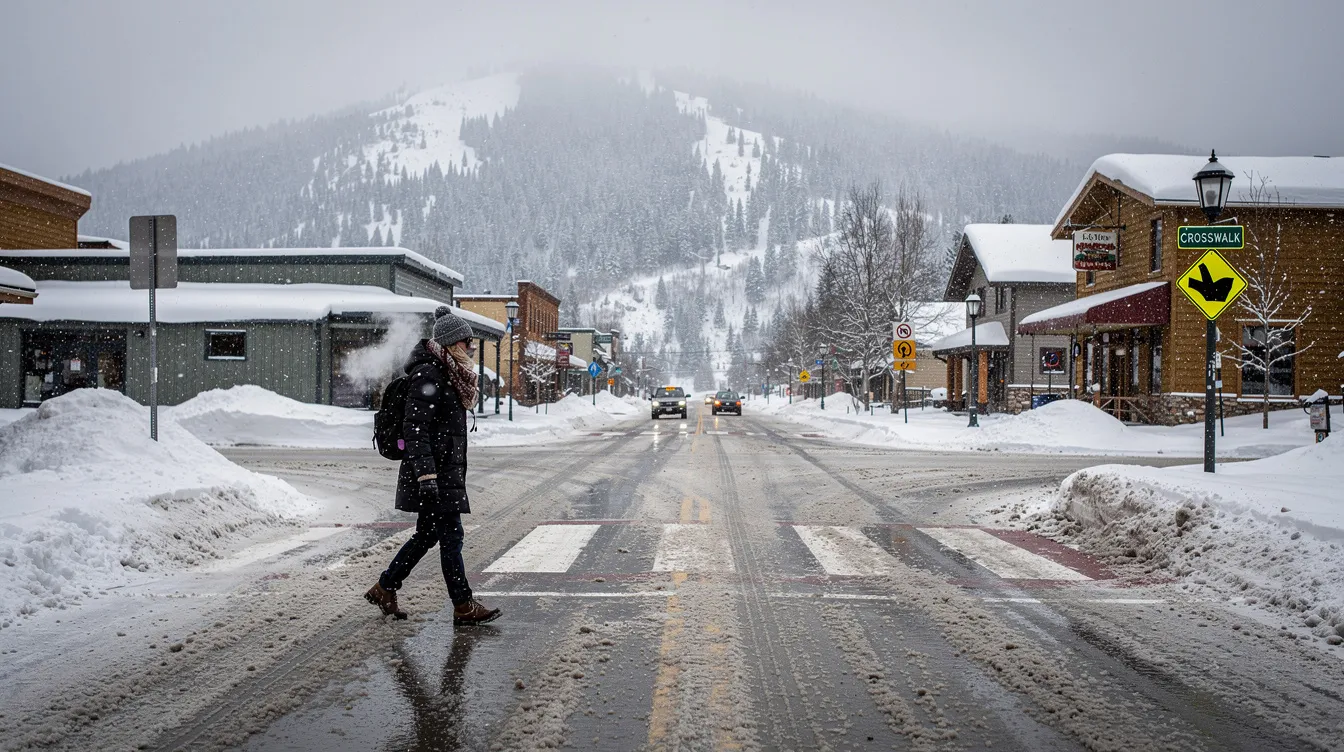 A snowy Colorado roadway features a pedestrian walking near a crosswalk, highlighting the importance of pedestrian safety in winter conditions. This scene serves as a reminder of the potential risks of pedestrian accidents, especially when navigating icy paths near traffic.