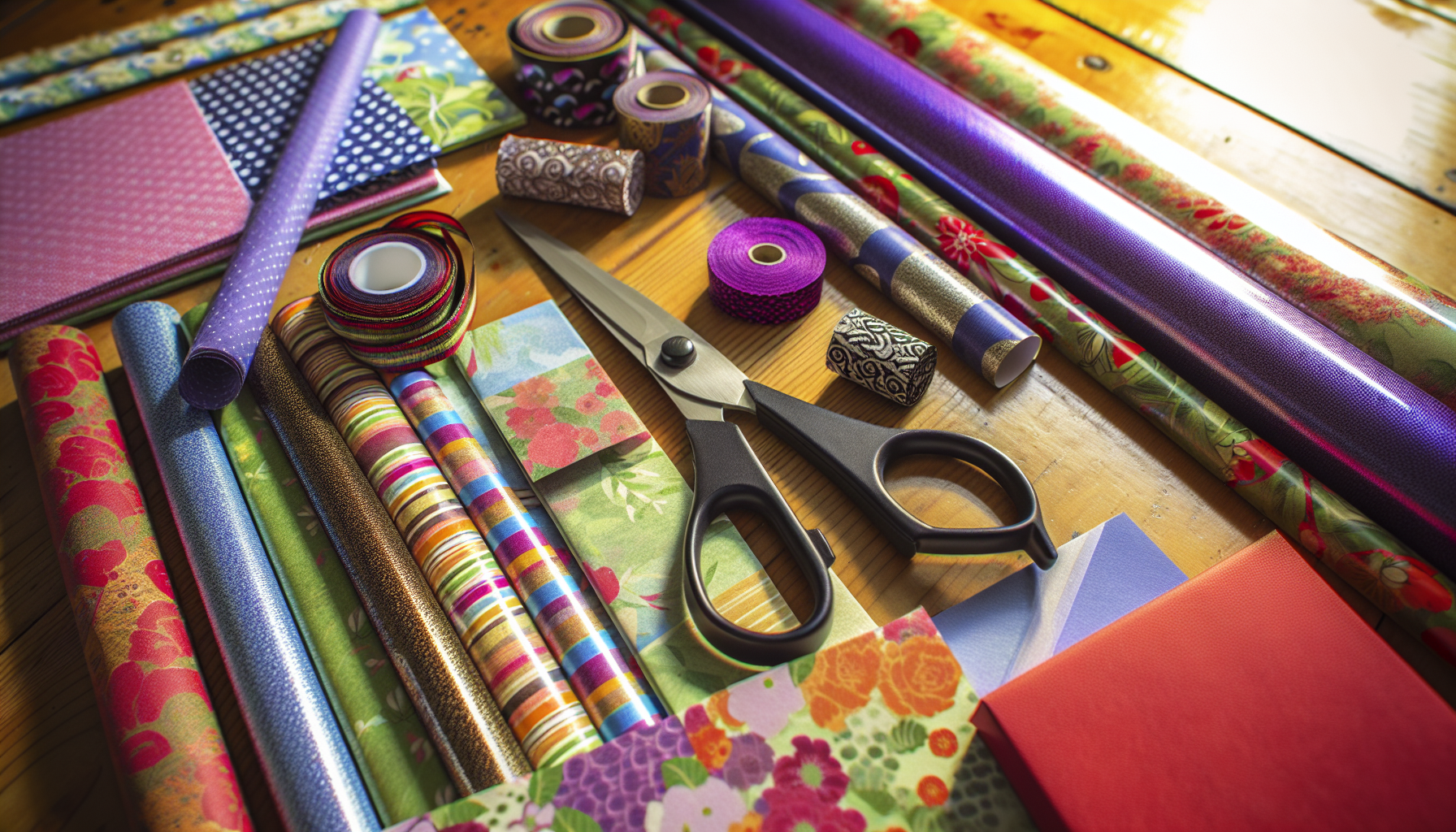 Assortment of colorful wrapping papers, scissors, ribbons, and gift tags for wrapping soft toys