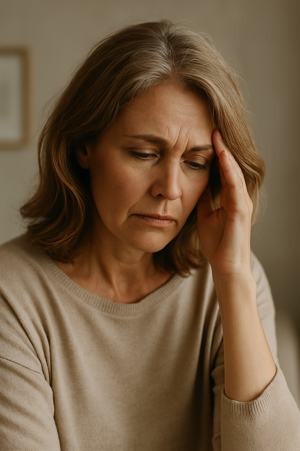 A middle-aged woman sitting on a couch in natural light, reflecting quietly, illustrating emotional shifts during menopause and postpartum recovery