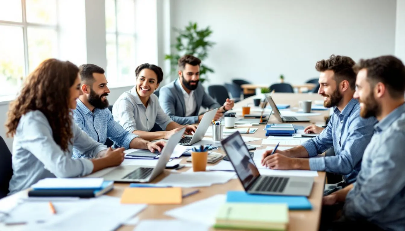 A group of small business owners collaborates at a networking event, surrounded by laptops and various marketing materials, discussing strategies to enhance their marketing efforts and attract new customers. They are focused on building brand awareness and strengthening relationships with existing and potential customers through effective marketing initiatives.