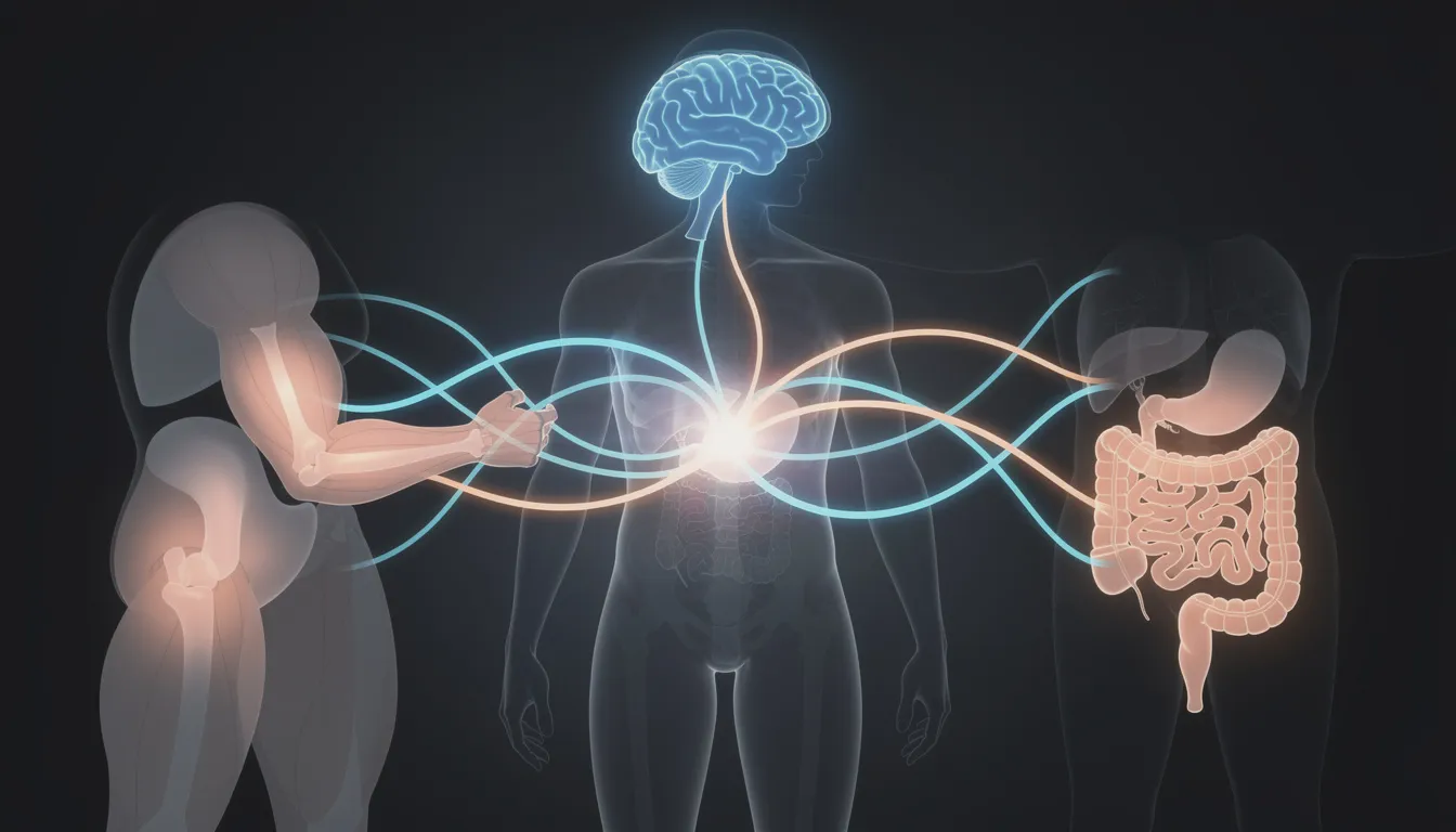 The image depicts an abstract representation of four interconnected human body regions, highlighting the brain, muscles, midsection, and digestive areas with glowing pathways that symbolize communication between these key tissues. This visualization emphasizes the importance of inter tissue communication in maintaining cellular health and addressing age-related decline, as explored in the NAD World 3.0 concept.