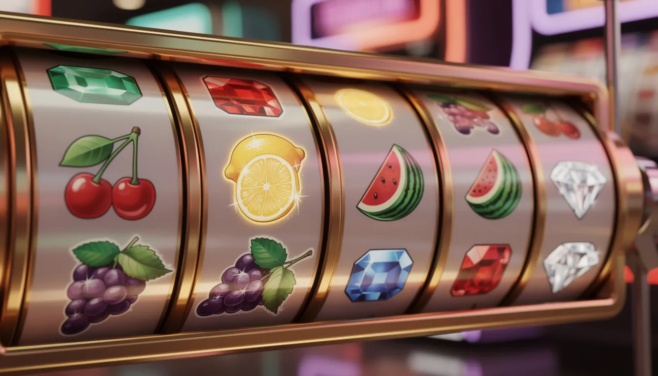 The image features vibrant slot machine reels adorned with various fruit and gem symbols, representing the excitement of online casino games. This colorful display captures the essence of online slots, inviting players to engage in real money casino gaming.