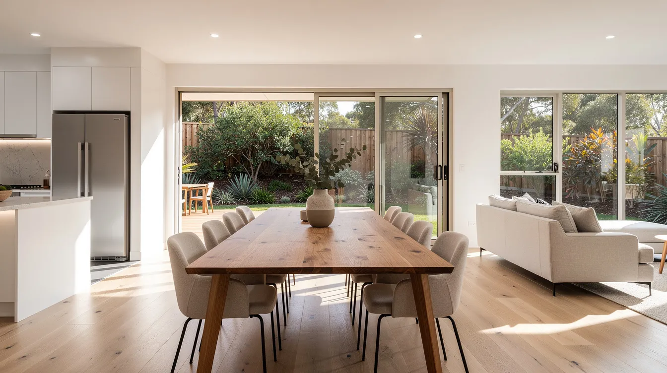 The image depicts a modern open-plan dining room featuring a stylish timber dining table surrounded by upholstered chairs, all bathed in direct sunlight from large windows. This chic dining set creates a warm and inviting atmosphere, perfect for sharing meals and memories with loved ones in a light-filled Australian home.