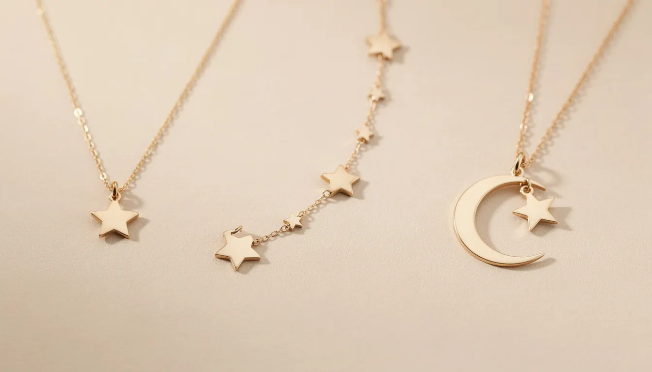 The image showcases a variety of star necklaces, including a delicate single star pendant on a thin chain, multiple stars arranged to resemble a constellation, and a classic crescent moon and star necklace, all crafted in sterling silver. Each piece highlights different styles and designs, perfect for those seeking unique jewellery options.