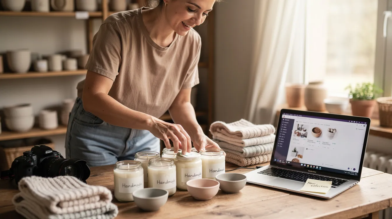 A small business owner is meticulously arranging handmade products next to a laptop and camera, preparing to showcase their items on their ecommerce website. The scene highlights the blend of creativity and technology essential for managing an online store effectively.