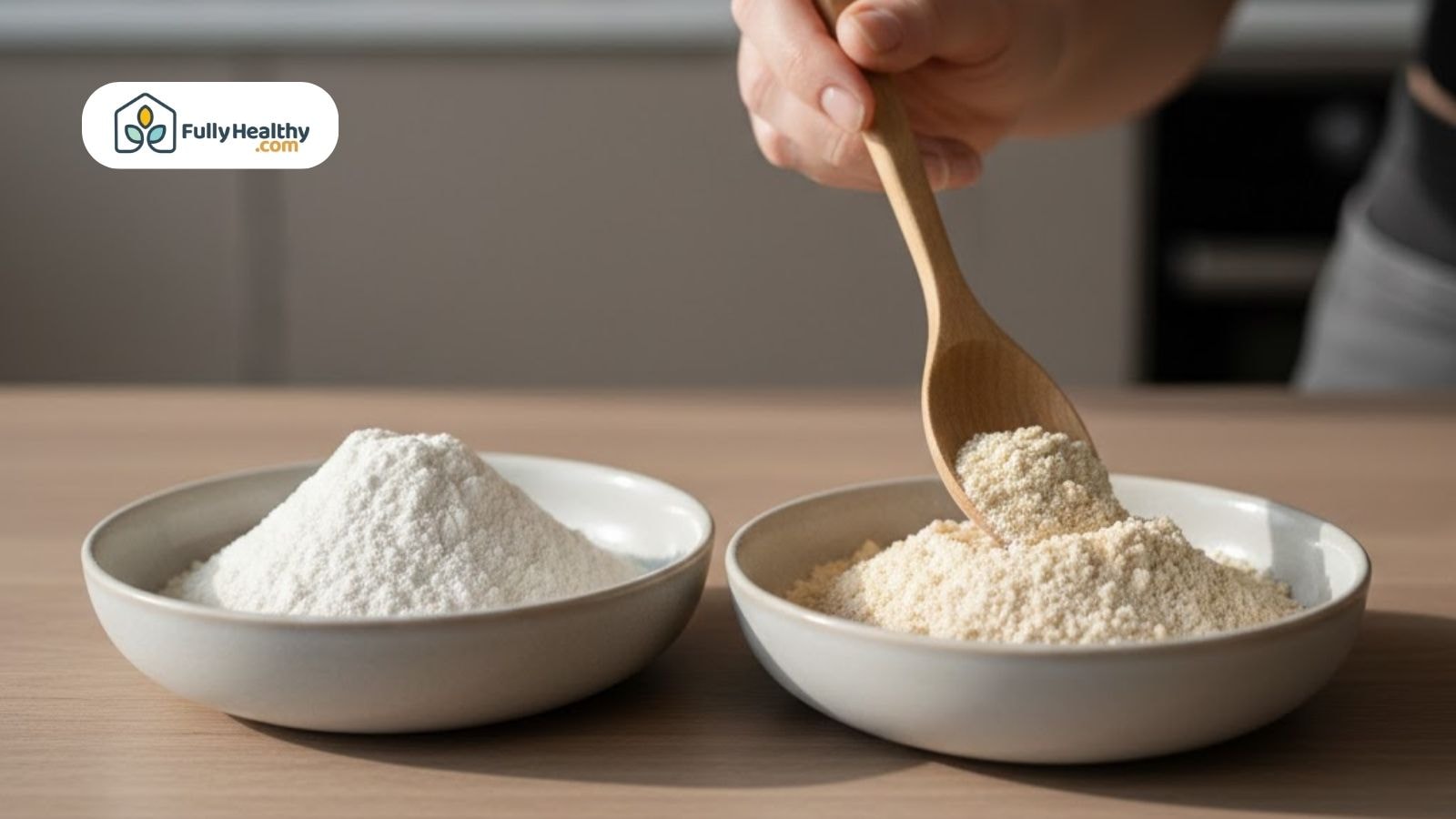 Spoon scooping almond flour next to wheat flour to show gluten comparison.