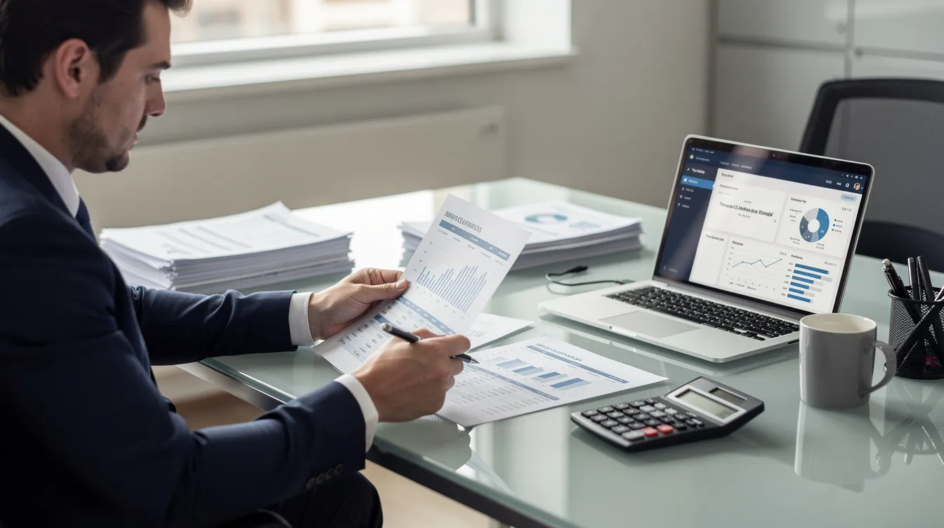 A professional sits at a desk, intently reviewing financial reports related to the dental billing process, surrounded by documents and a computer, emphasizing the importance of accurate billing and revenue cycle management in dental practices. The scene reflects a focus on improving cash flow and ensuring patient satisfaction through effective financial oversight.
