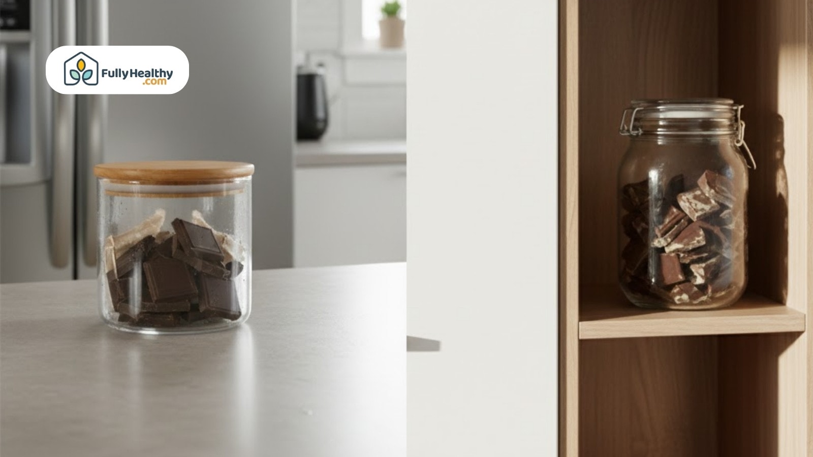 Glass jars filled with chocolate pieces stored in kitchen and on shelf