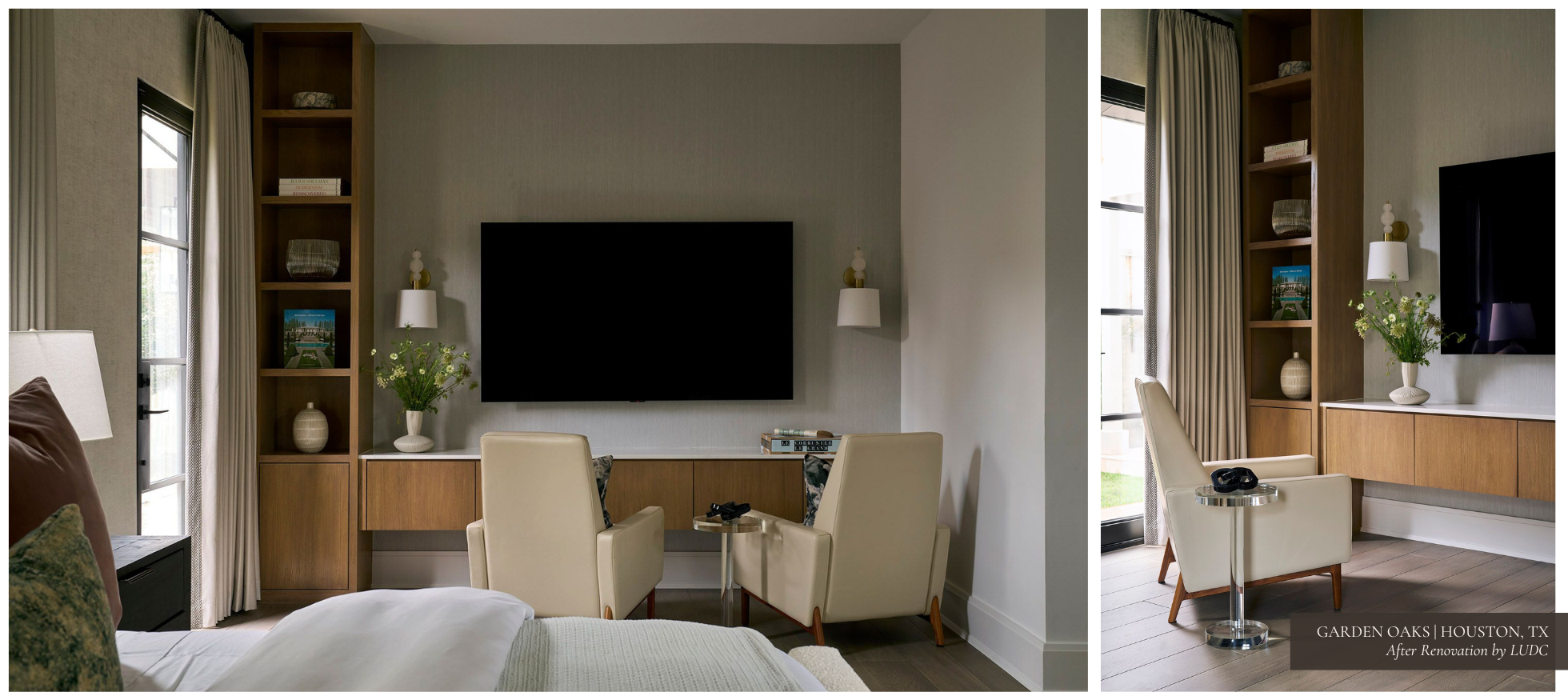 Garden Oaks primary bedroom vignette with television, bookcase, and chairs.