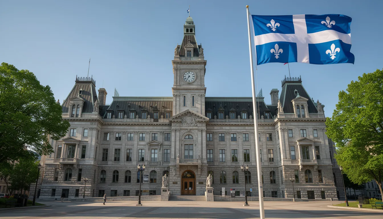 L'image montre l'Assemblée nationale du Québec, ornée du drapeau fleurdelisé flottant fièrement devant le bâtiment. Ce lieu emblématique symbolise la culture et l'identité du Québec, un point central pour les discussions sur des sujets variés, y compris les paris sportifs au Québec.