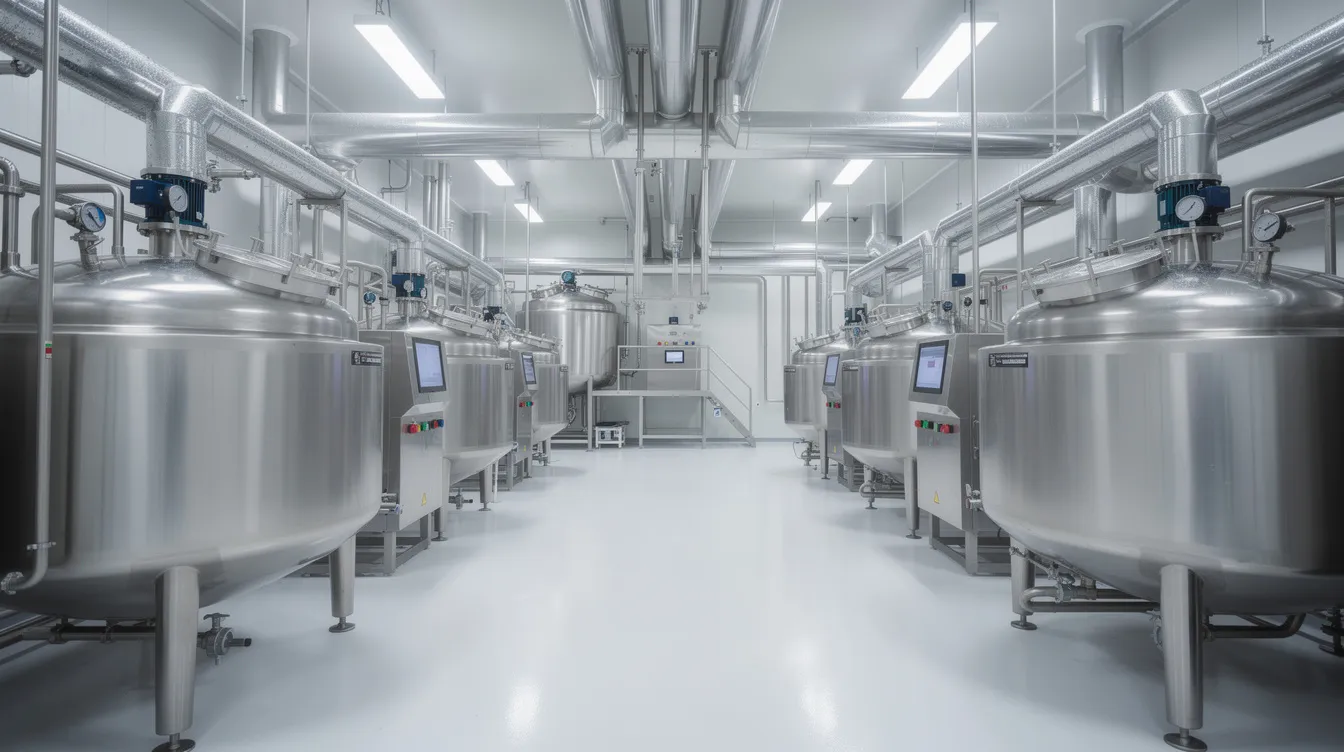 a571884c d313 40df 969e b56ab378ef66 The image depicts a modern dairy processing facility featuring industrial stainless steel equipment, including pipes, jacketed kettles, and control panels, essential for the cheese manufacturing process. This advanced machinery plays a crucial role in the production of various types of cheese, such as processed cheese and cream cheese, ensuring high quality and efficiency in the cheese processing plant.