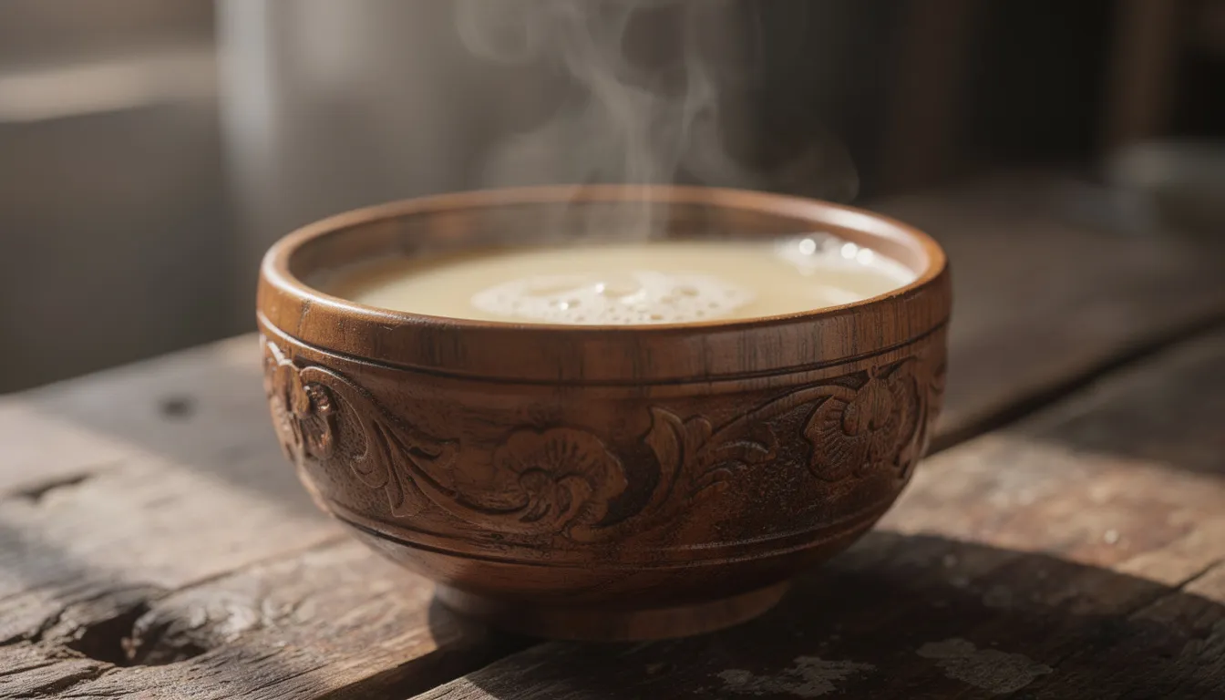 Un cuenco tradicional de madera contiene té de mantequilla humeante, un alimento característico de la cocina tibetana, que refleja la cultura y gastronomía del pueblo tibetano en la meseta. La bebida, elaborada con mantequilla y té, es un elemento esencial en la dieta de esta región.