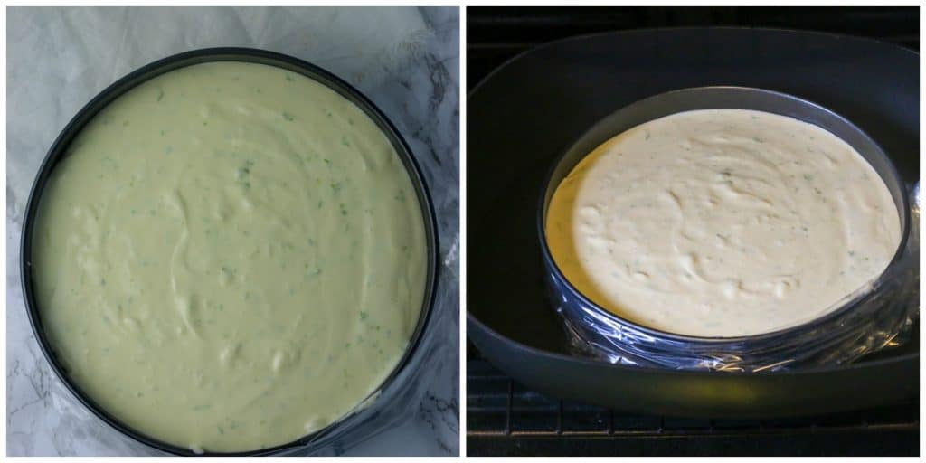 springform pan with cheesecake batter wrapped in slow cooker liner in roasting pan
