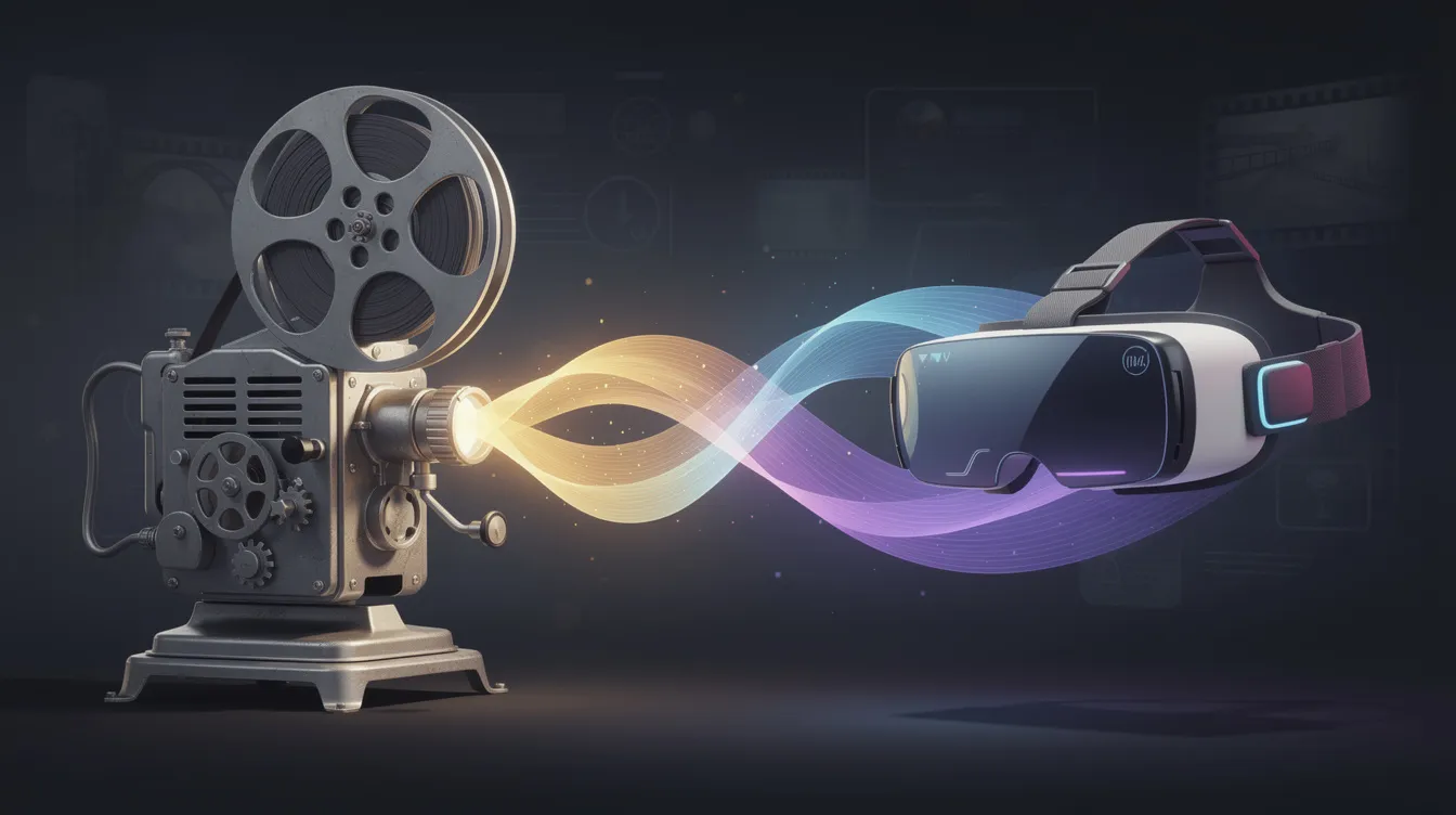 Die Illustration zeigt einen klassischen Filmprojektor aus Metall, der mit einer futuristischen VR-Brille verbunden ist, während ein fließendes Lichtband zwischen den beiden Geräten verläuft. Diese Darstellung verbindet die Technik der "modernen Zeiten" mit der Zukunft des Films und der Medienrezeption.