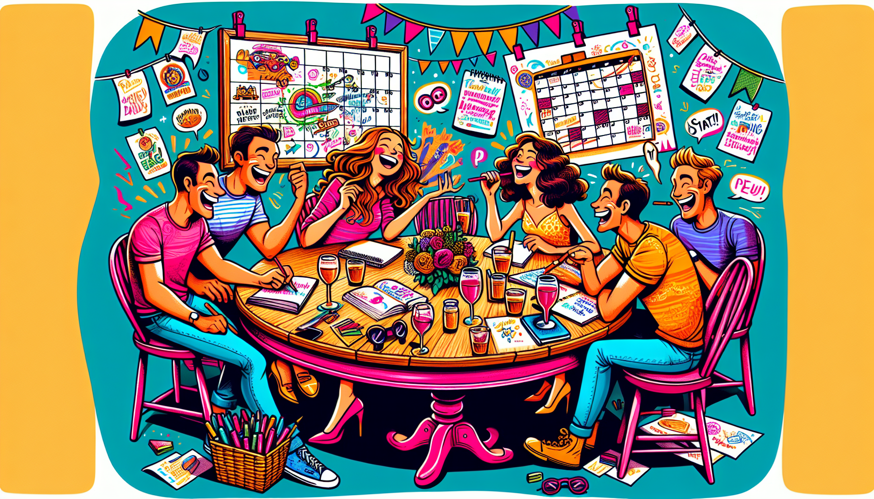 En illustration, der viser en gruppe venner, der diskuterer planer for at organisere en herretur.