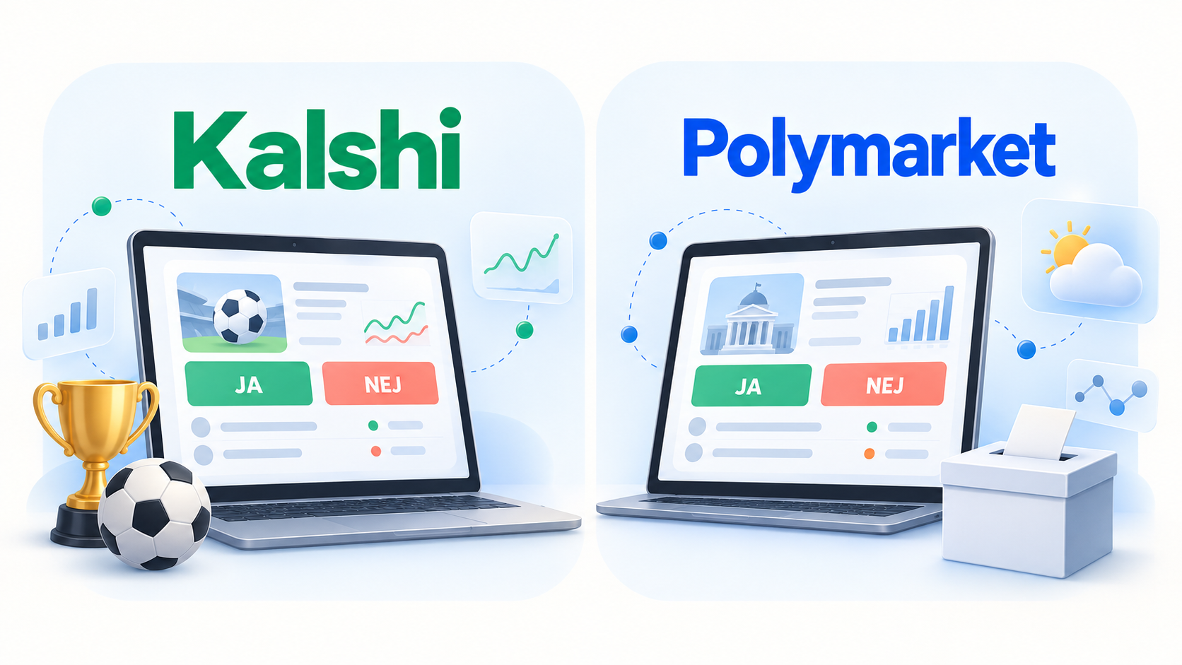 Kalshi och Polymarket illustrerade på bärbara datorer med ja- och nej-alternativ samt symboler för sport, politik och väder.