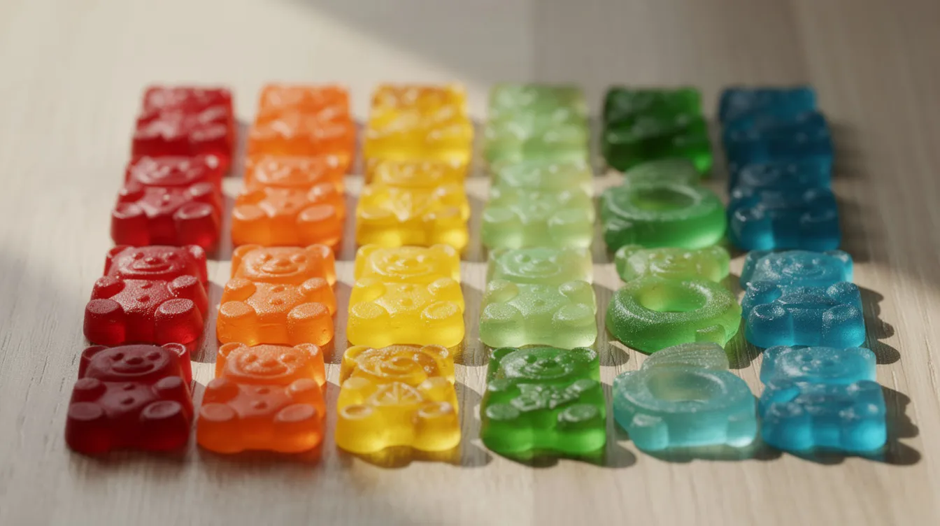 A close-up image showcases a vibrant assortment of gummy edibles, neatly arranged on a light wooden surface, highlighting the colorful textures and shapes of these cannabis-derived products. These edibles are part of the growing cannabis industry, which operates under Illinois state regulations regarding hemp and marijuana plants.
