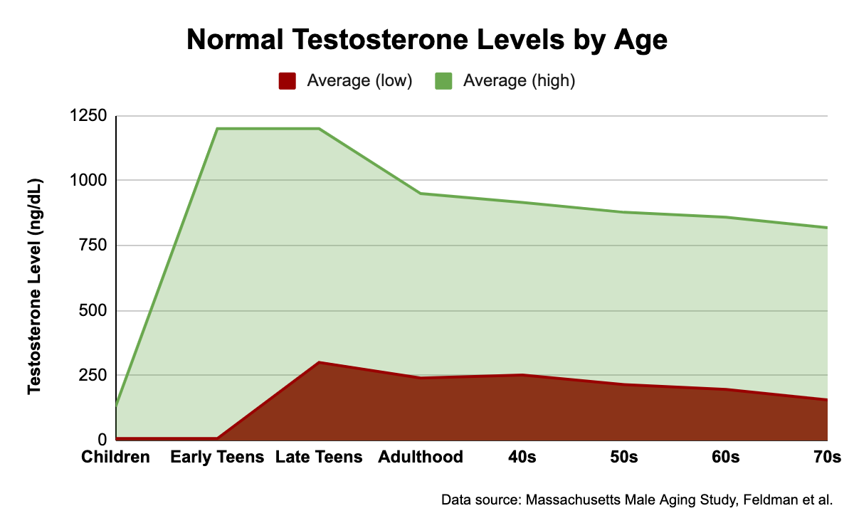 Chart showing healthy testosterone levels for men by age.