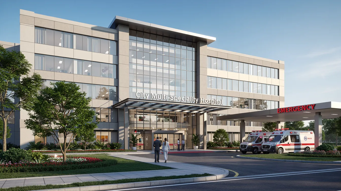 The image depicts the exterior of a modern multi-speciality hospital, showcasing contemporary architecture surrounded by well-maintained landscaping and an ambulance bay for emergency healthcare services. This facility is designed to provide quality medical services and comprehensive care for critically ill patients.