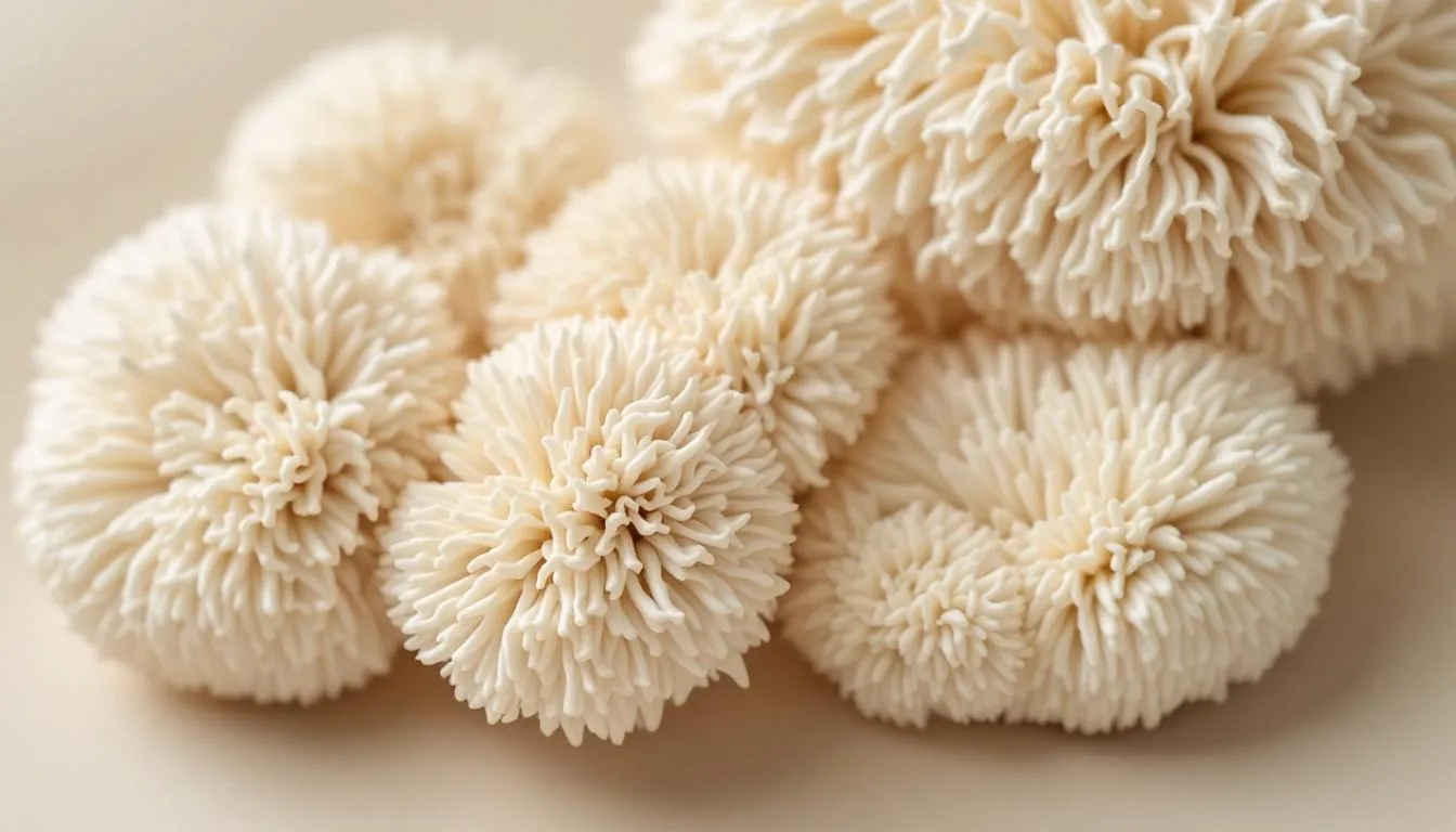 A close-up view of lion's mane mushrooms, showcasing their unique texture and appearance.