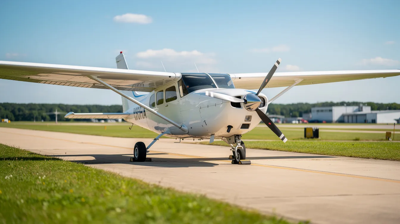 A small single-engine airplane is parked on a sunlit runway, with vibrant green grass lining the taxiway, creating an inviting scene for those interested in beginning flight training or pursuing a private pilot certificate. This serene setting is perfect for aspiring pilots to envision their future in aviation as they prepare for their first lesson.