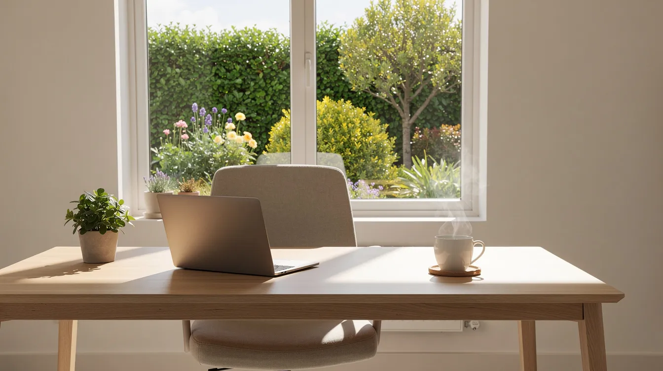 L'image montre un espace de travail lumineux, avec un ordinateur portable et une tasse de café sur un bureau, tandis qu'une fenêtre ouverte laisse entrevoir un jardin verdoyant à l'extérieur. Cet environnement évoque l'importance de l'équilibre entre vie professionnelle et vie personnelle, favorisant le bien-être et la santé mentale des travailleurs.