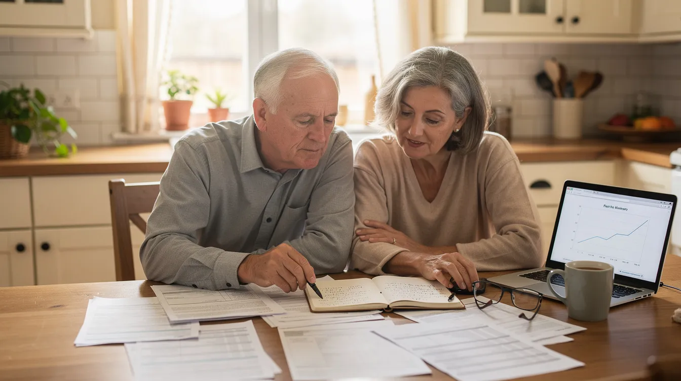 A retired couple sits together at a kitchen table, reviewing financial paperwork related to their retirement accounts, including details about required minimum distributions (RMDs) and tax implications. They appear focused and engaged, discussing their strategies for managing their retirement savings and planning for future expenses.