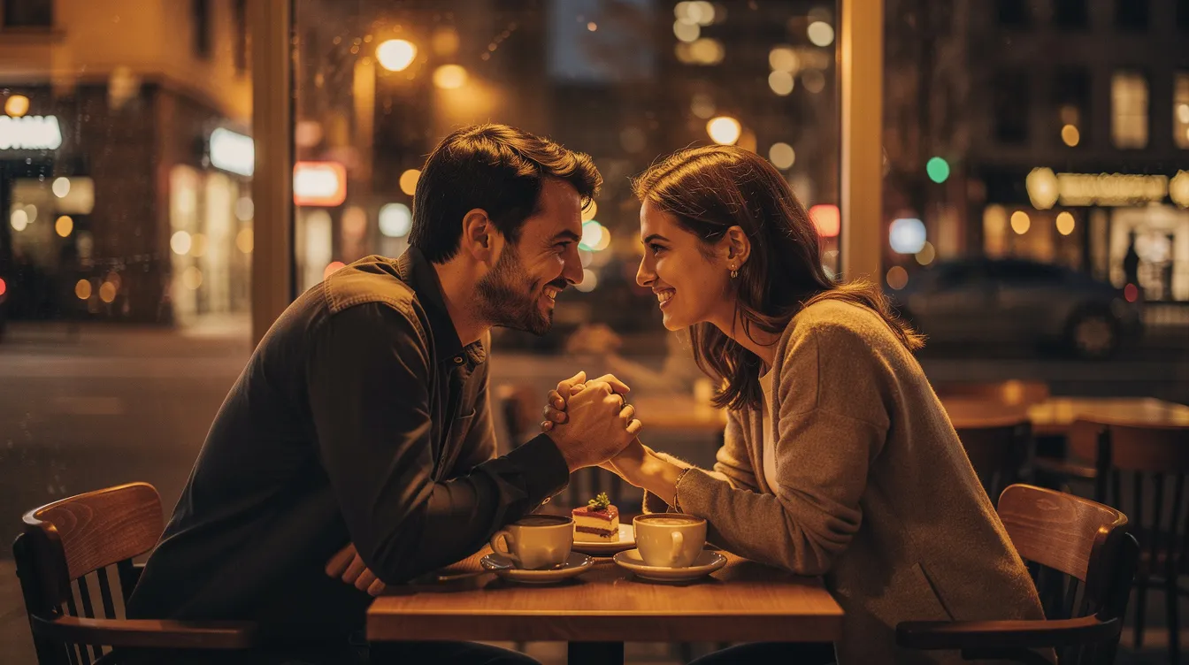 A couple sits closely together at a candlelit table, sharing personal thoughts and engaging in open and honest communication, creating a deep bond filled with emotional intimacy. Their warm smiles and gentle touches convey a strong connection, as they feel safe to express their emotions and dreams for the future.