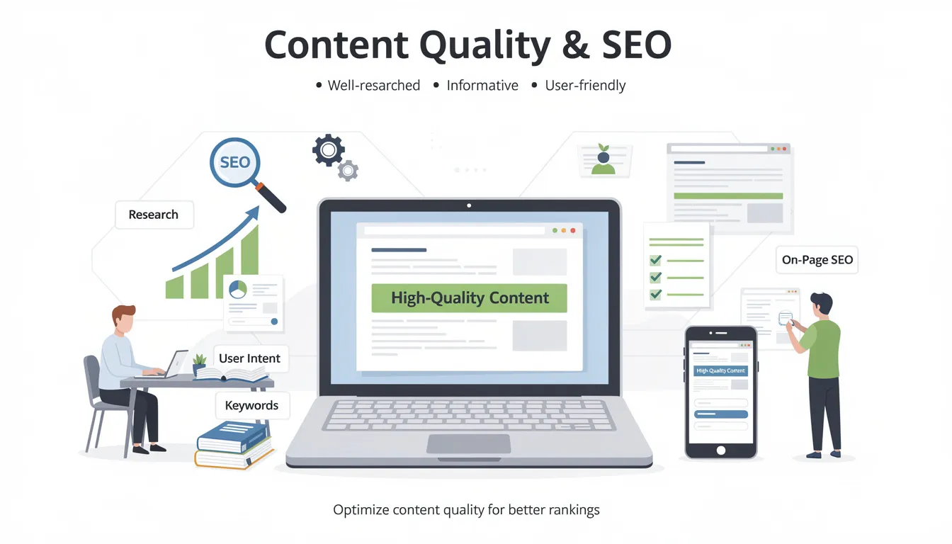 An informative graphic illustrating the relationship between content quality and search engine optimization (SEO), featuring keywords like "high quality content," "search engine rankings," and "content marketing strategy." The image emphasizes the importance of creating valuable content that aligns with user intent and enhances organic traffic through effective SEO efforts.