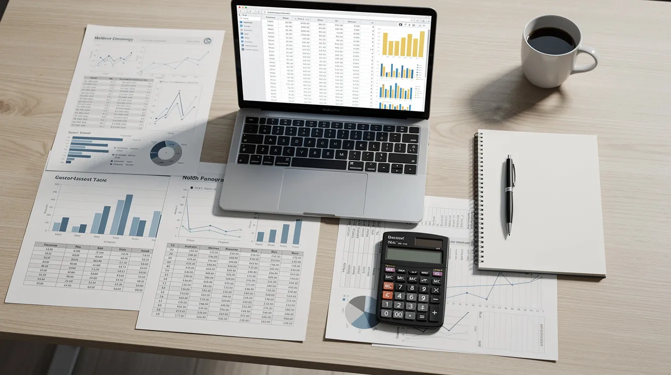 The image depicts a professional workspace featuring financial documents, a calculator, and a laptop displaying spreadsheet data, suggesting a focus on financial analysis and project appraisal in the hospitality sector. This setup is ideal for assessing investment opportunities and projected cash flows for hospitality businesses.