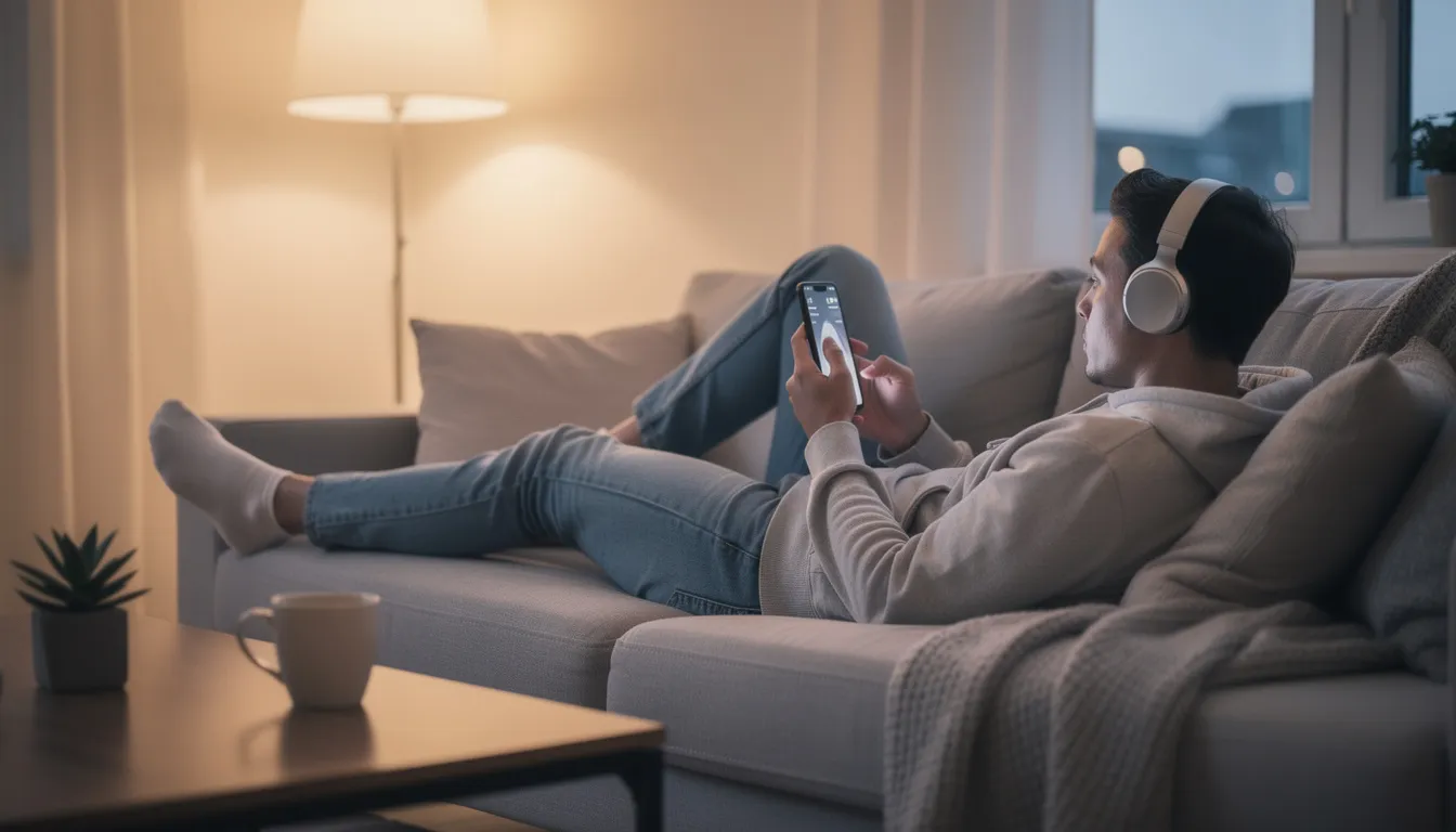 En person sitter avslappnat i en soffa och använder en smartphone med hörlurar. I bakgrunden finns en känsla av lugn och avkoppling, vilket ger en perfekt miljö för att njuta av spel på ett online casino som Race Casino.
