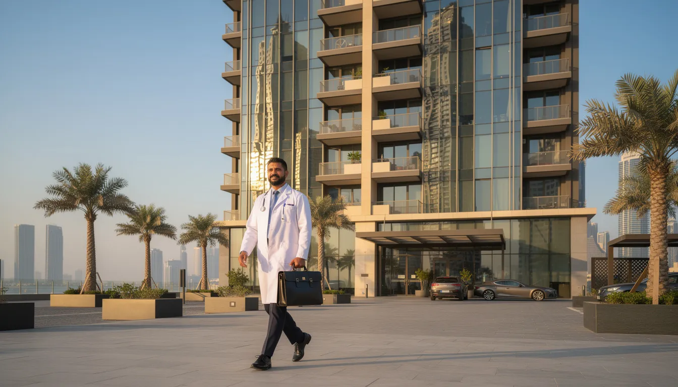 Doctor on Call in Dubai | 24/7 Home, Hotel & Office Visits by Vitals Healthcare 5 A doctor on call is seen approaching a modern apartment building in Dubai while carrying a medical bag, ready to provide urgent medical care and personalized medical assistance. The scene highlights the accessibility of home healthcare services offered by experienced doctors in the city.