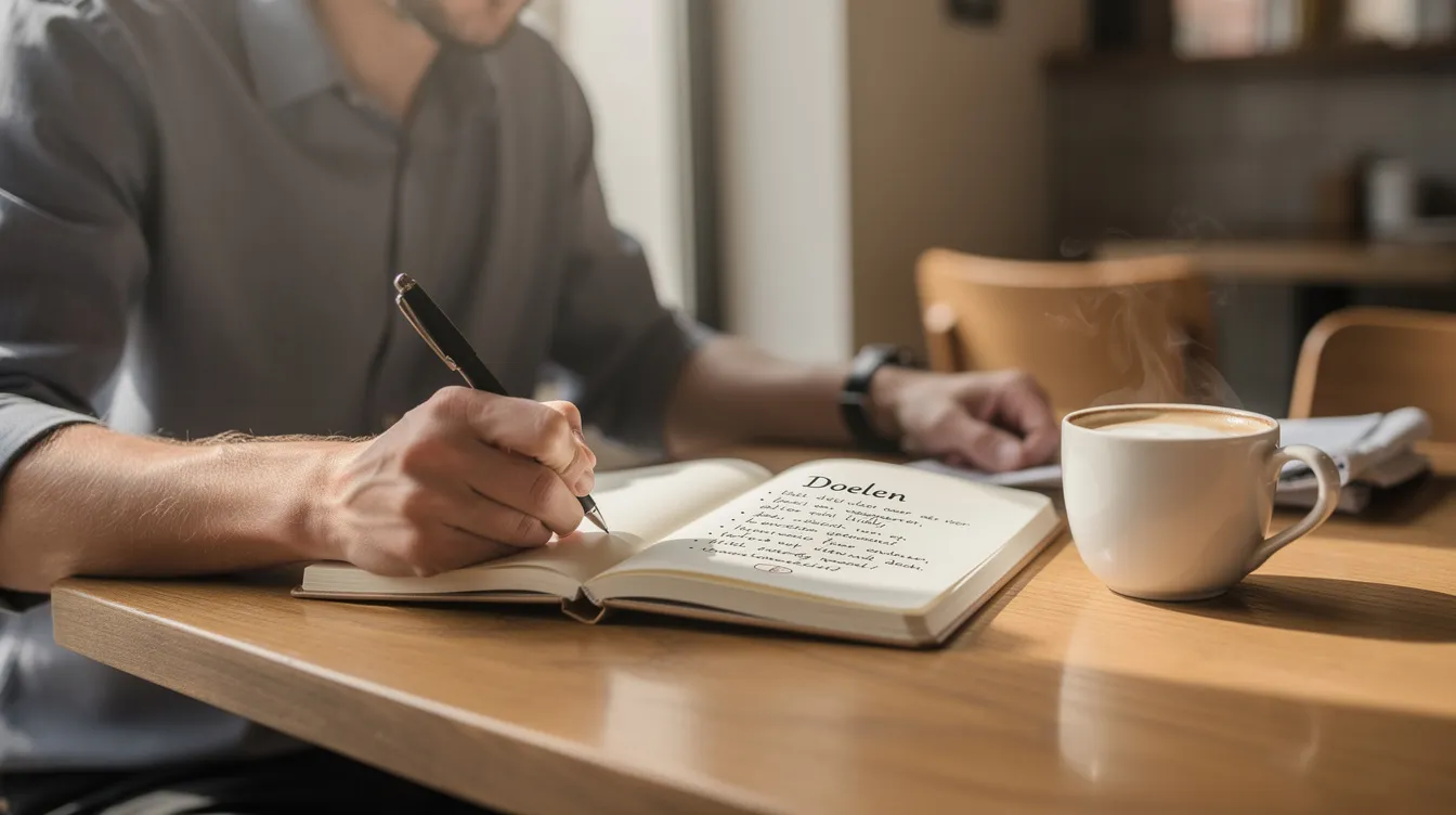 Een ondernemer schrijft zijn doelen in een notitieboek terwijl hij geniet van een kop koffie. Dit moment symboliseert de essentie van ondernemerschap, waarbij het vastleggen van concrete plannen en waardevolle inzichten cruciaal is voor het opbouwen van een succesvol bedrijf.