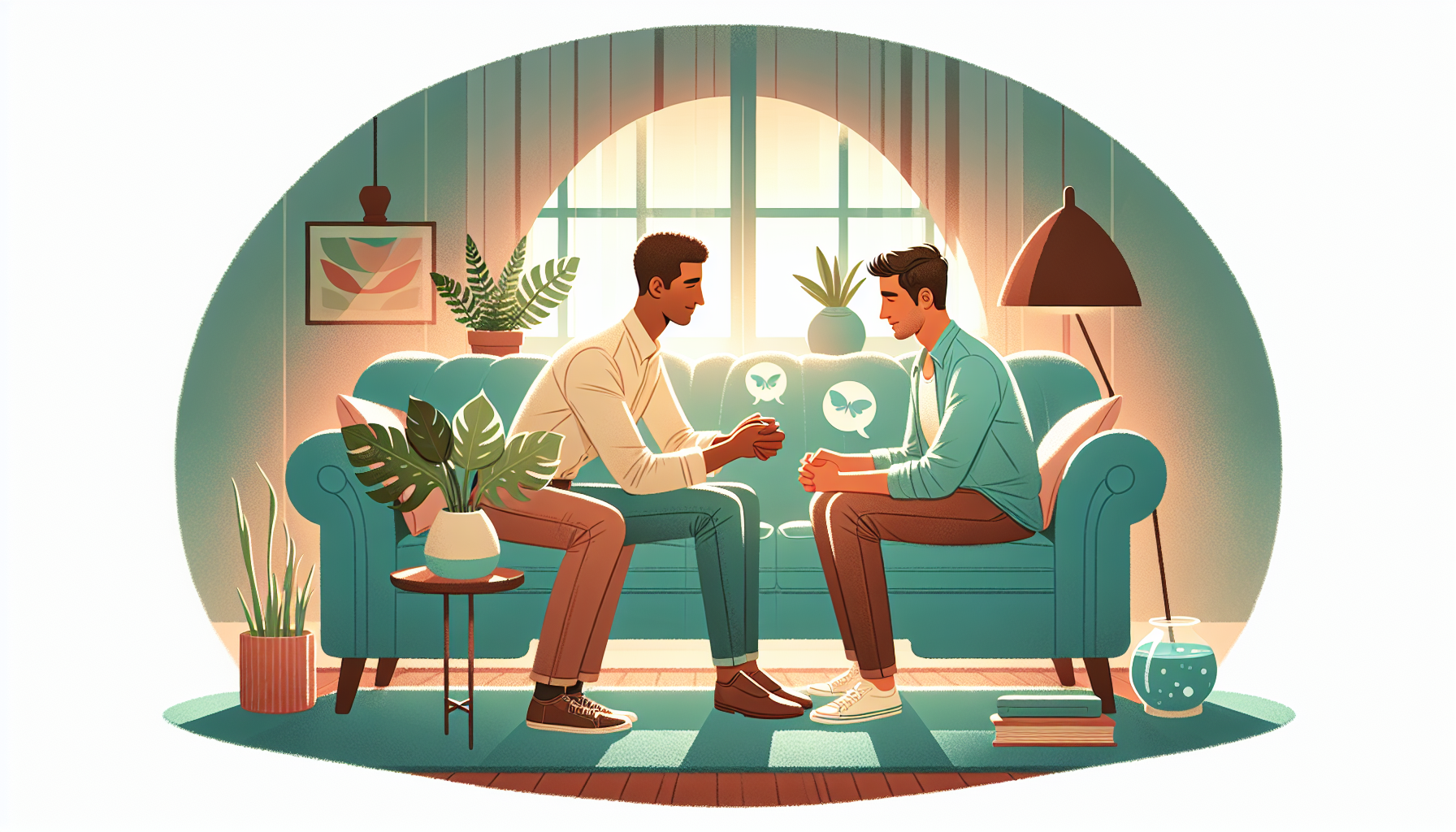 Illustration of a supportive and empathetic therapy session for gay couples