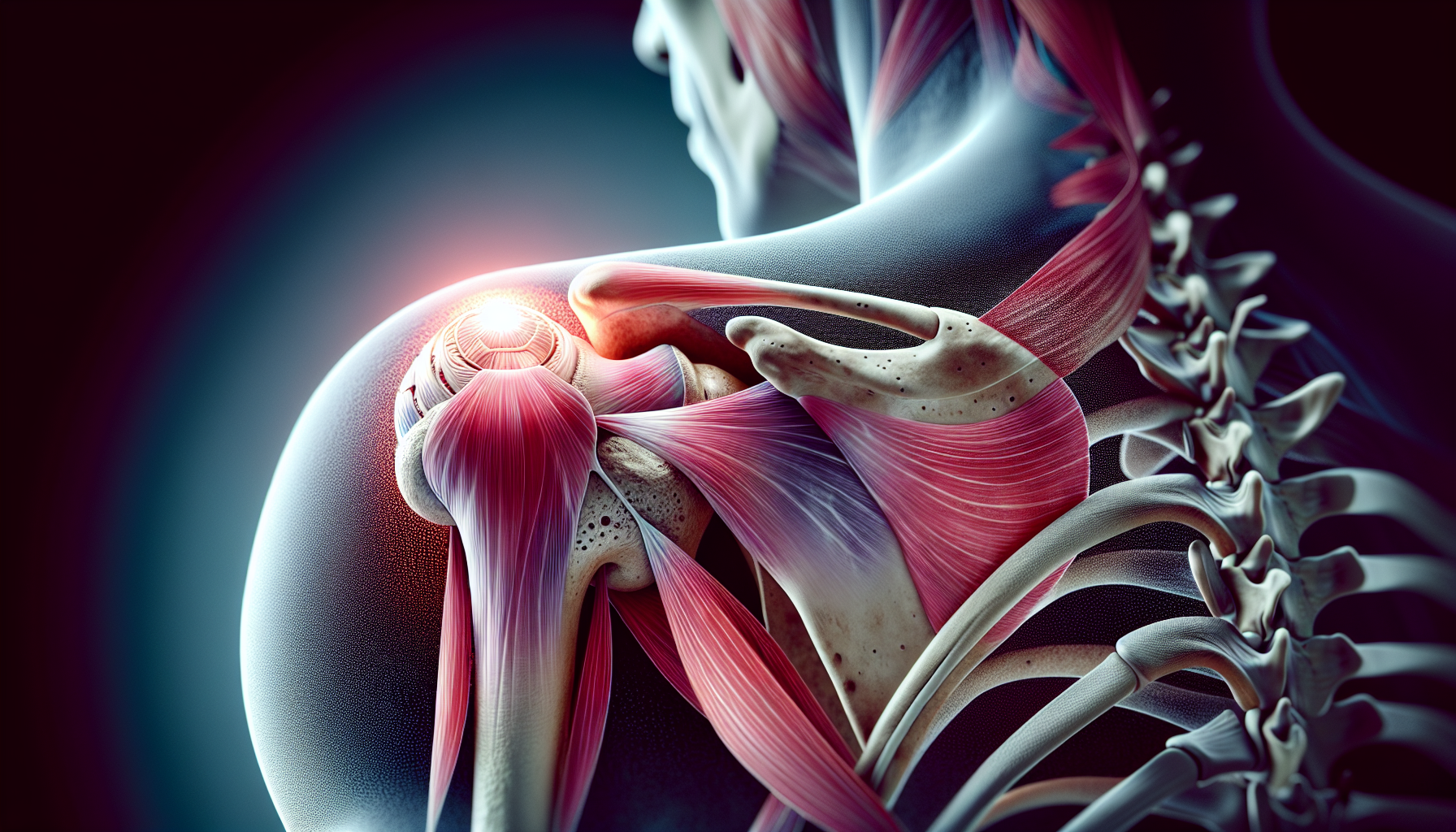 Illustration of a shoulder joint with highlighted areas of pain and injury