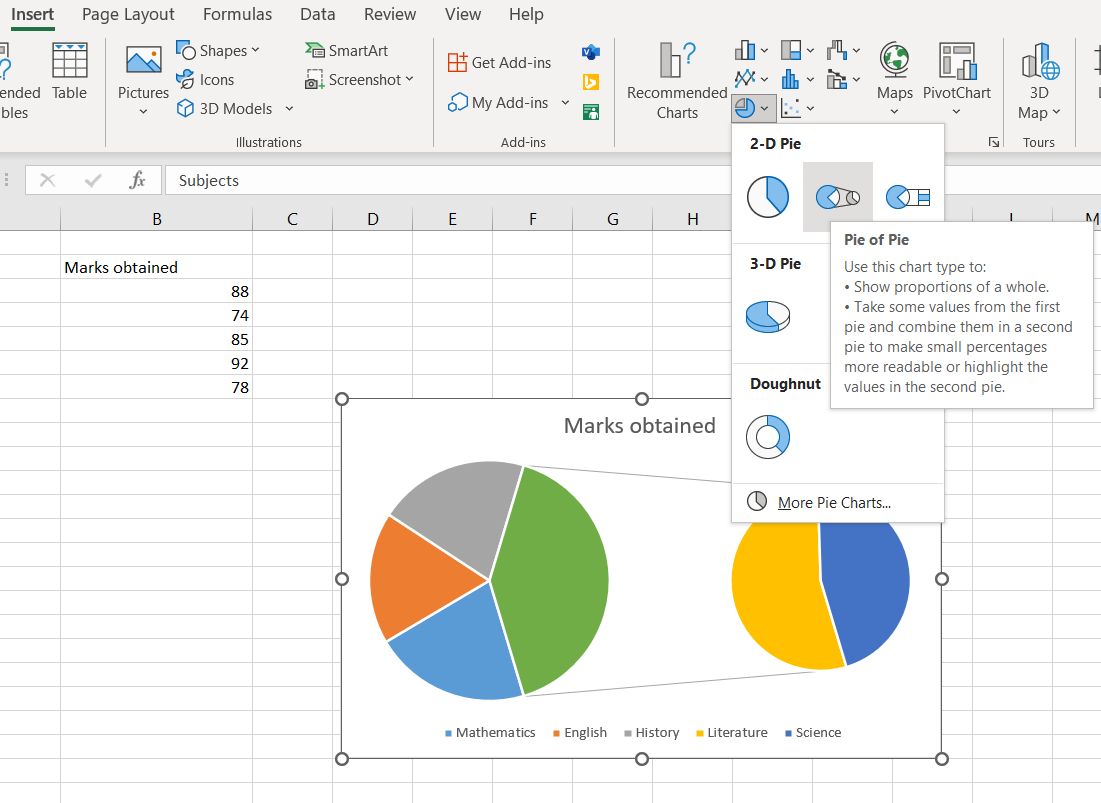 Creating a pie of pie chart in excel
