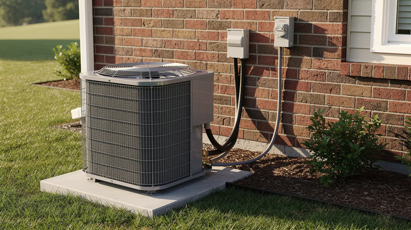 A professional HVAC technician is installing a large outdoor heat pump unit next to a brick suburban home on a sunny day, showcasing the efficiency of modern heat pump technology. The installation highlights the importance of proper HVAC system setup for optimal heating and cooling performance, which can lead to significant energy savings.