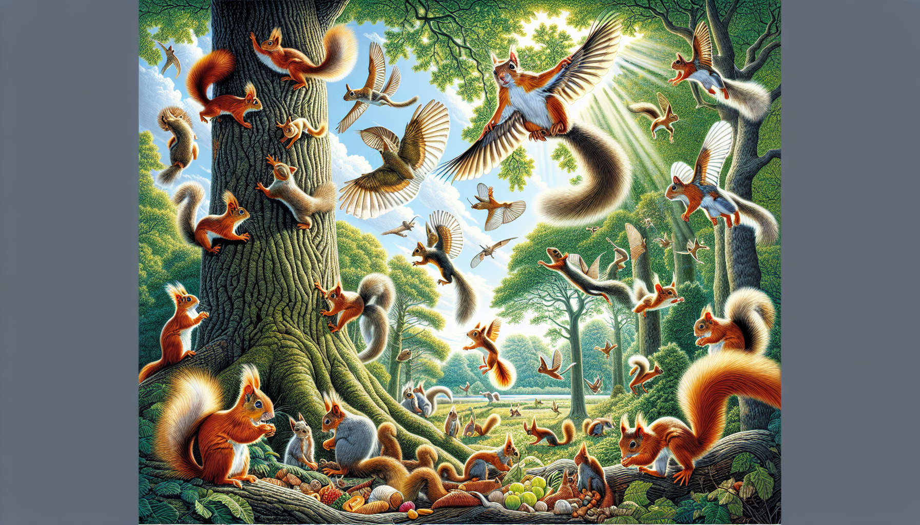 An artistic representation of various species of squirrels in their natural habitats, showcasing the term 'group of squirrels called'.