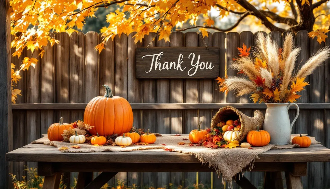 The image features a beautifully decorated outdoor space for Thanksgiving, thanksgiving decor ideas for every budget and price point. Read the sign that says "thank you" or fill a cart with pumpkins