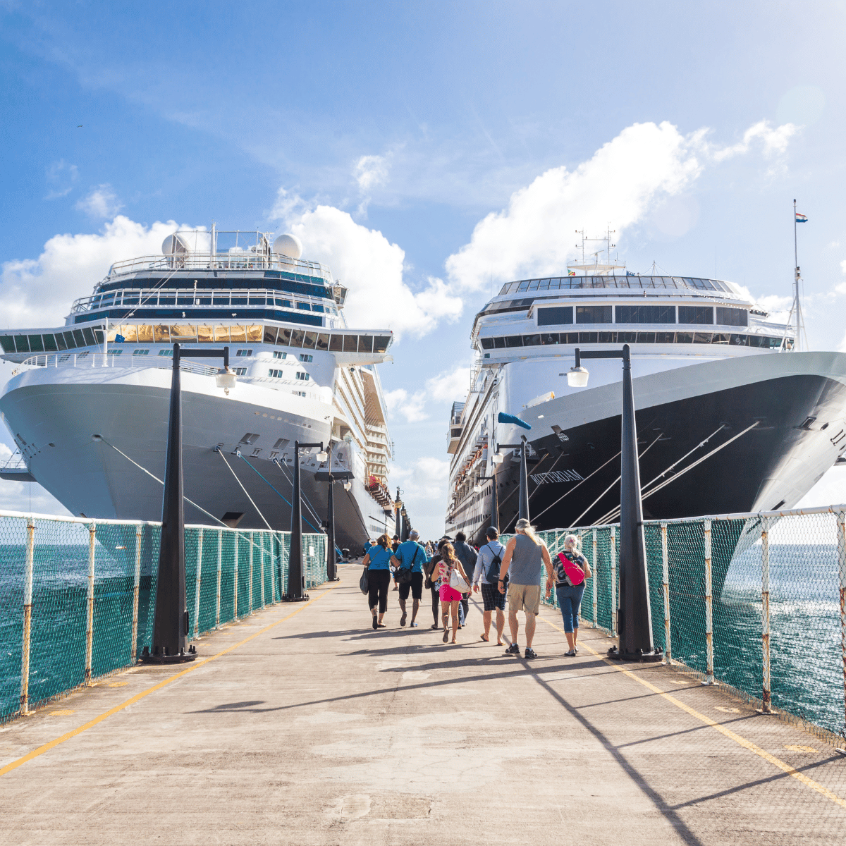 adults walking to cruise ship on dock
