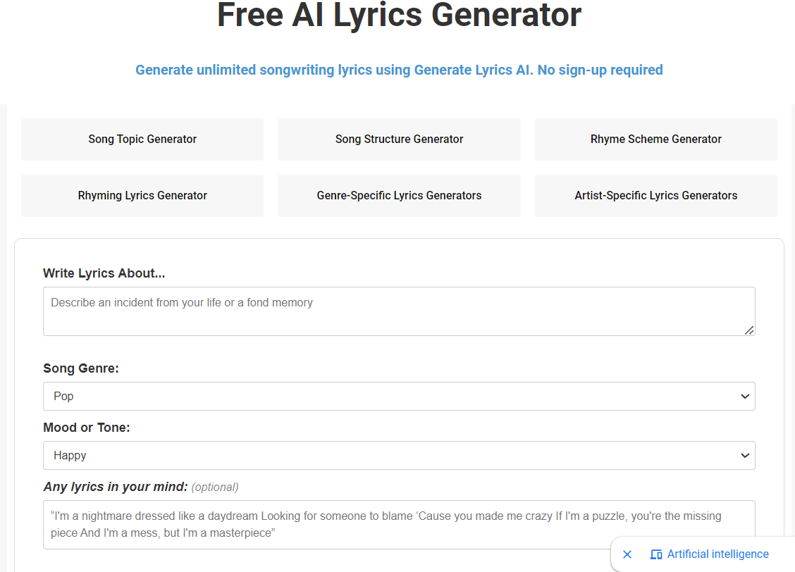 Generatelyrics Free AI Lyrics Generator