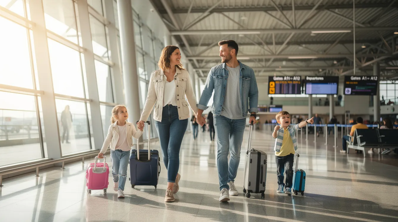 The image depicts a family of four, consisting of two adults and two children, walking through a spacious modern airport terminal, each carrying suitcases. This scene reflects the excitement of travel, possibly related to their plans for work in Canada, as they navigate the airport, a common step for individuals seeking a Canadian work permit or applying for a work visa.