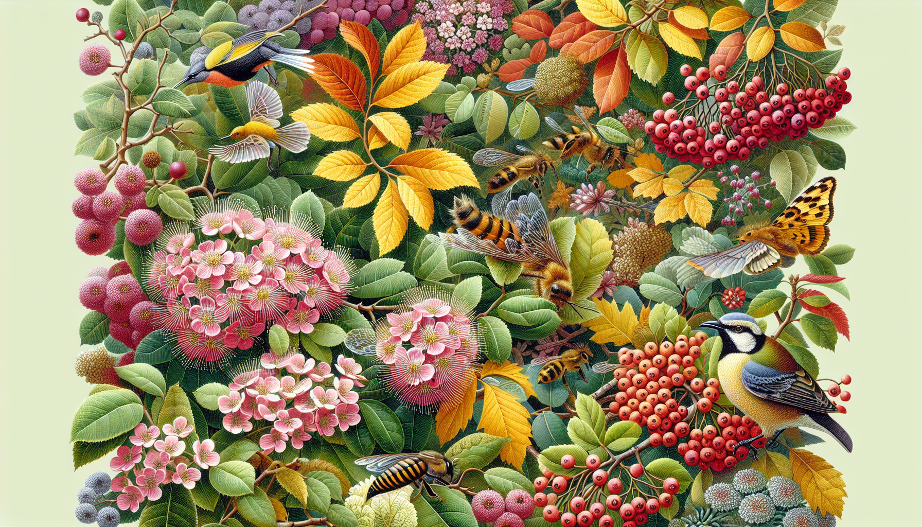 Illustration of native hedge plants attracting wildlife